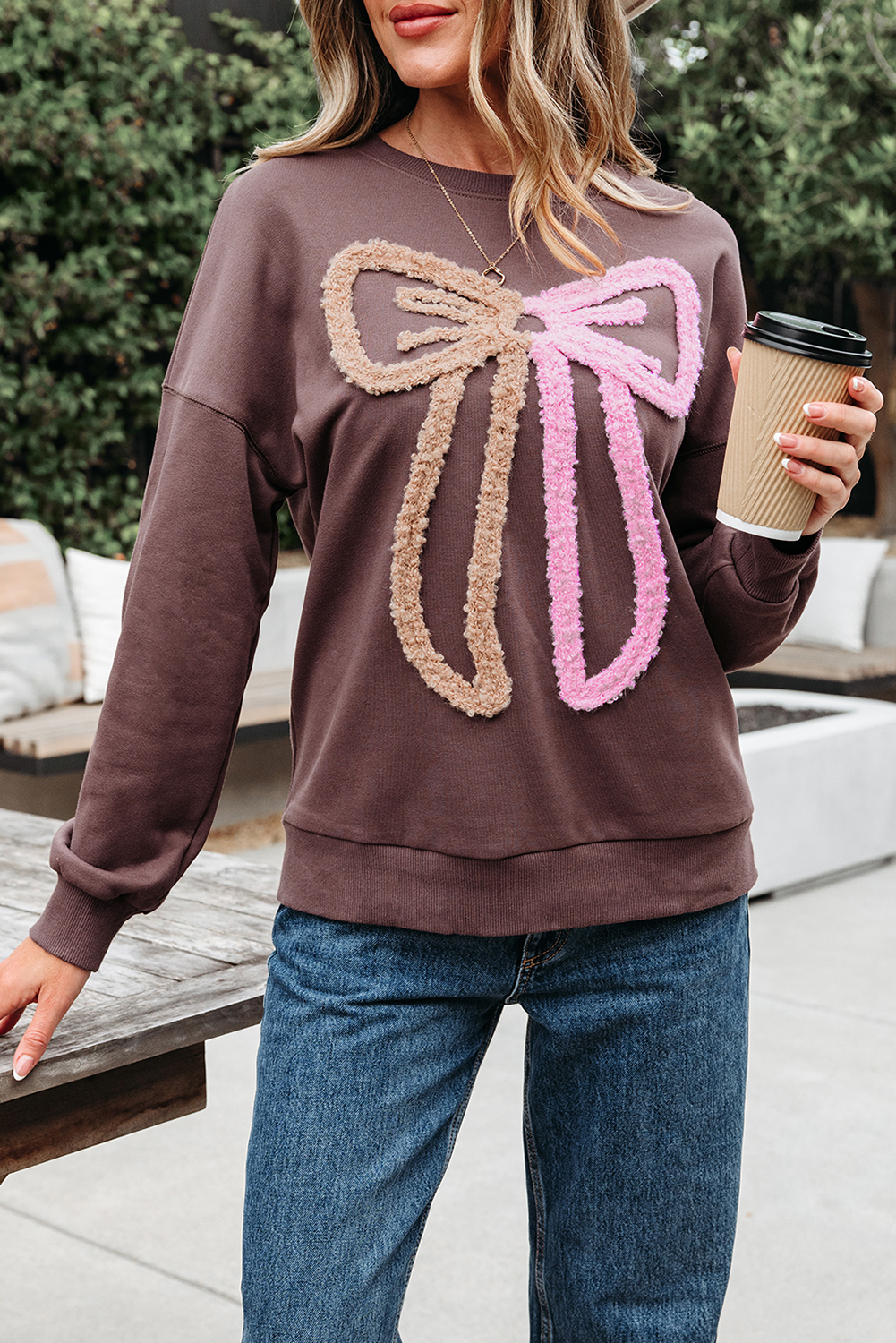 Dark Khaki Contrast Terry Bow Pattern Drop Shoulder Sweatshirt - loveforevers