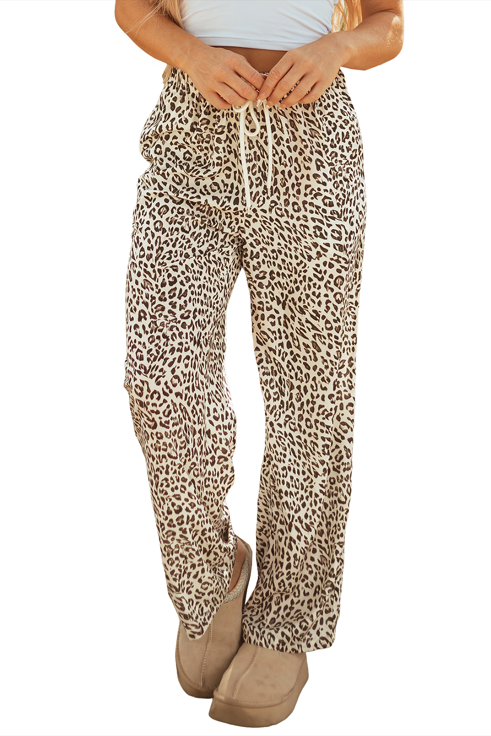 Brown Leopard Drawstring Elastic Waistband Loose Pants - loveforevers