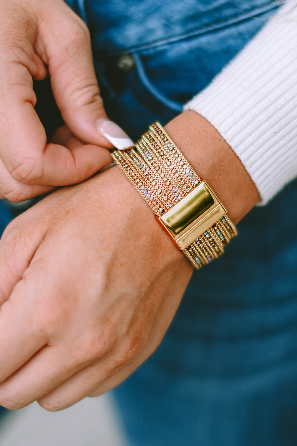 Gold Full Diamond Leather Wide Plated Magnetic Buckle Bracelet - loveforevers