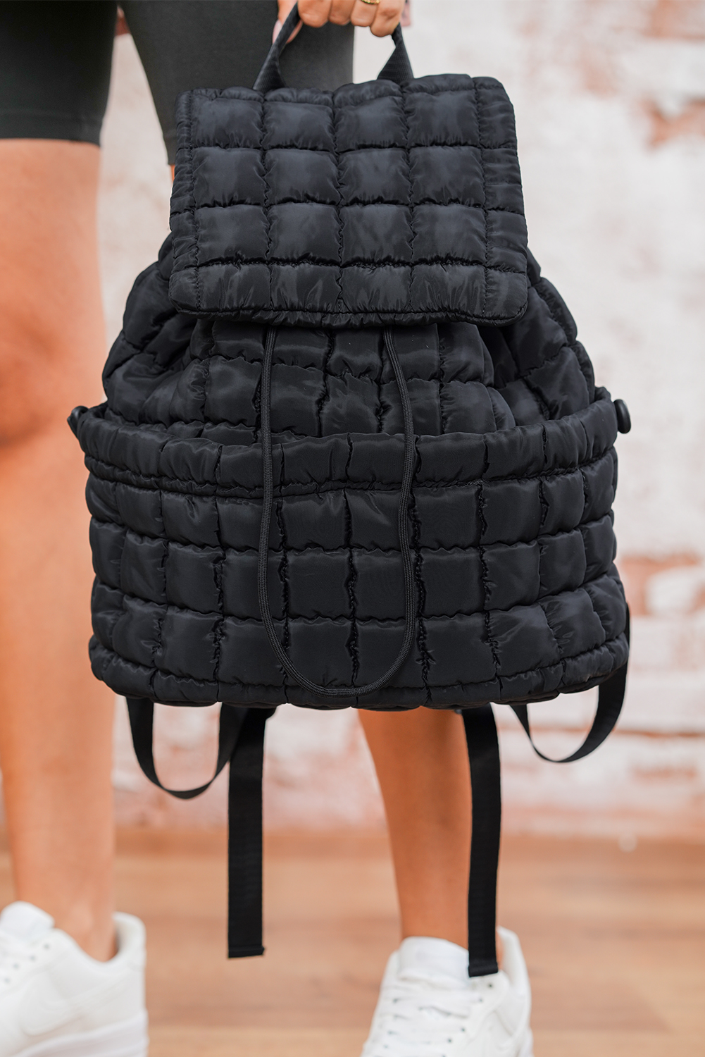 Black Solid Flapped Quilted Puffer Backpack - loveforevers