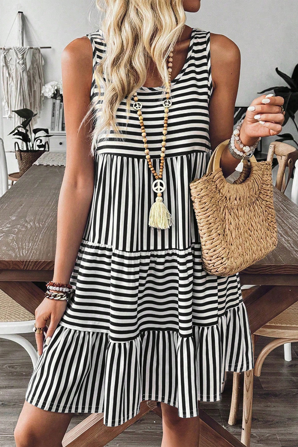 Black Stripe U Neck Sleeveless Loose Fit Mini Dress - loveforevers