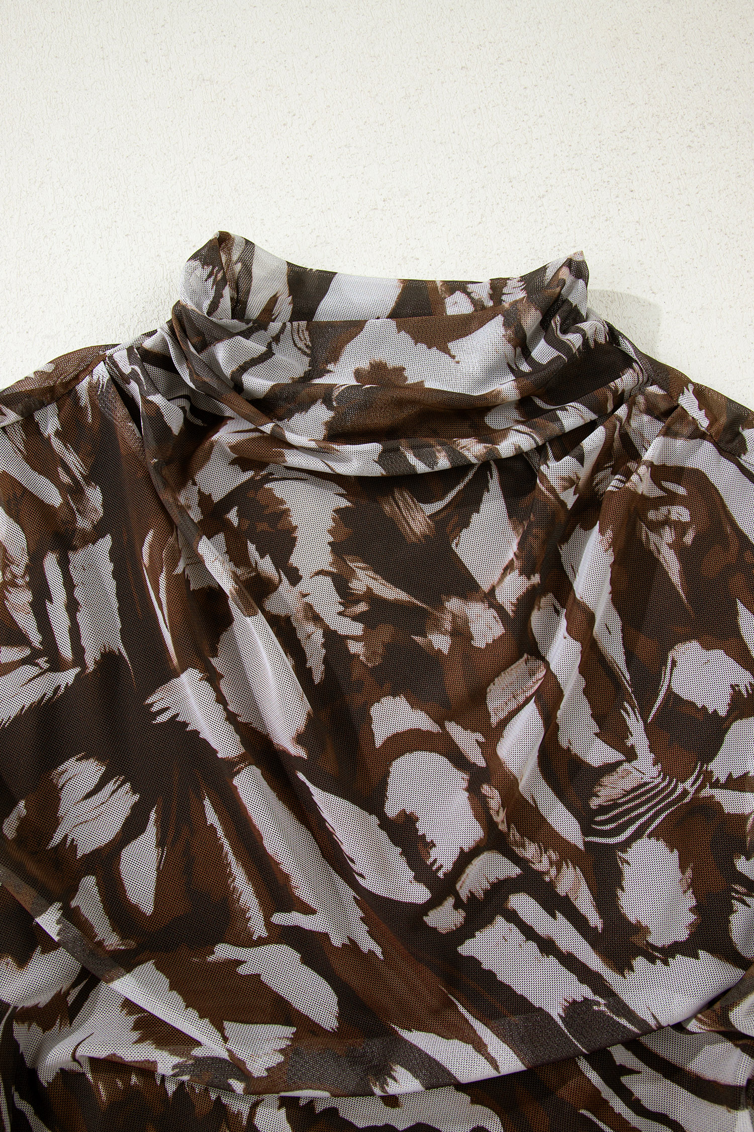 Brown Abstract Print Mesh Cowl Neck Cap Sleeve Ruched Midi Dress with Slit - loveforevers