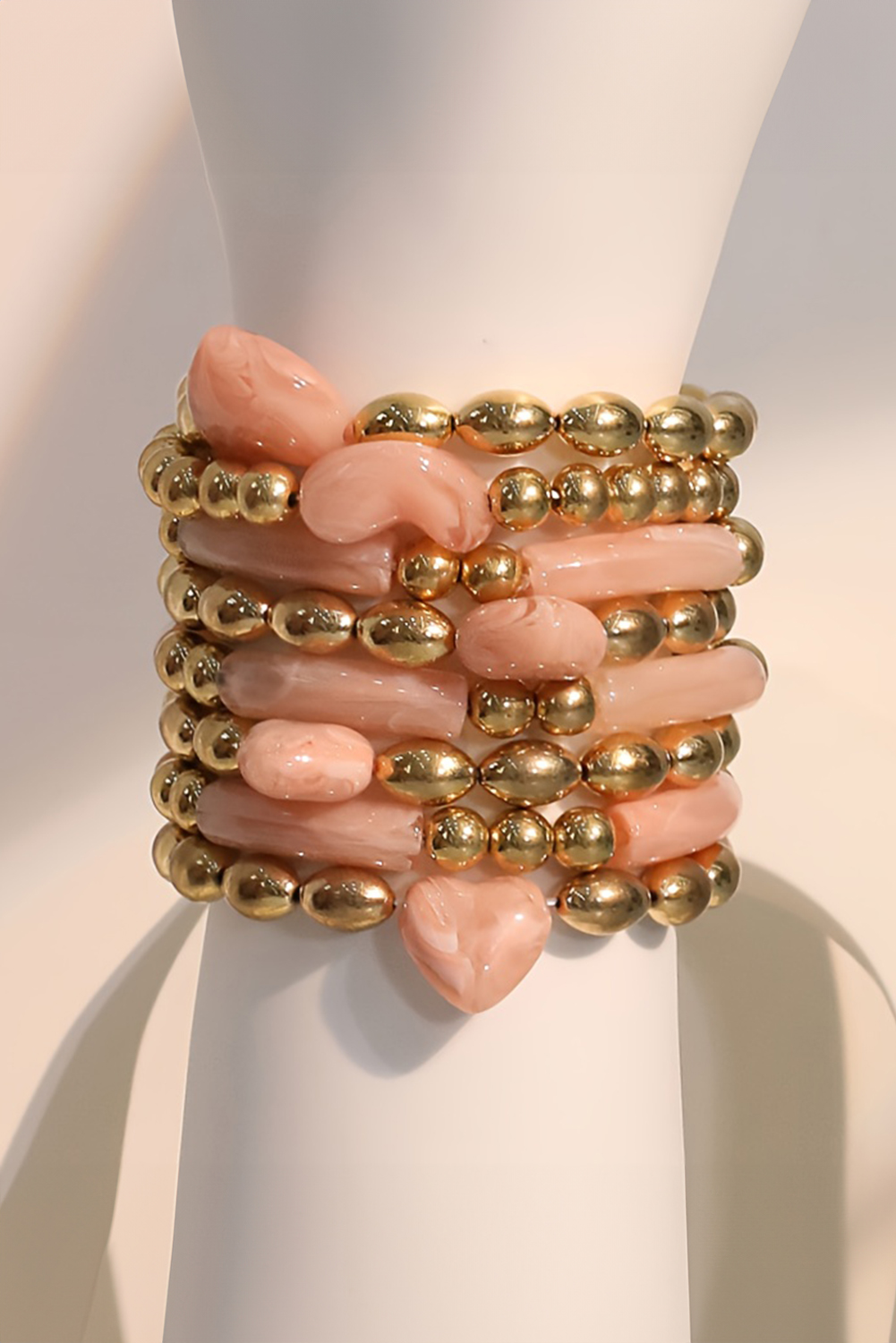 Gold Plated Bead Acrylic Detail 3D Heart Accent 8pcs Bracelet Set - loveforevers