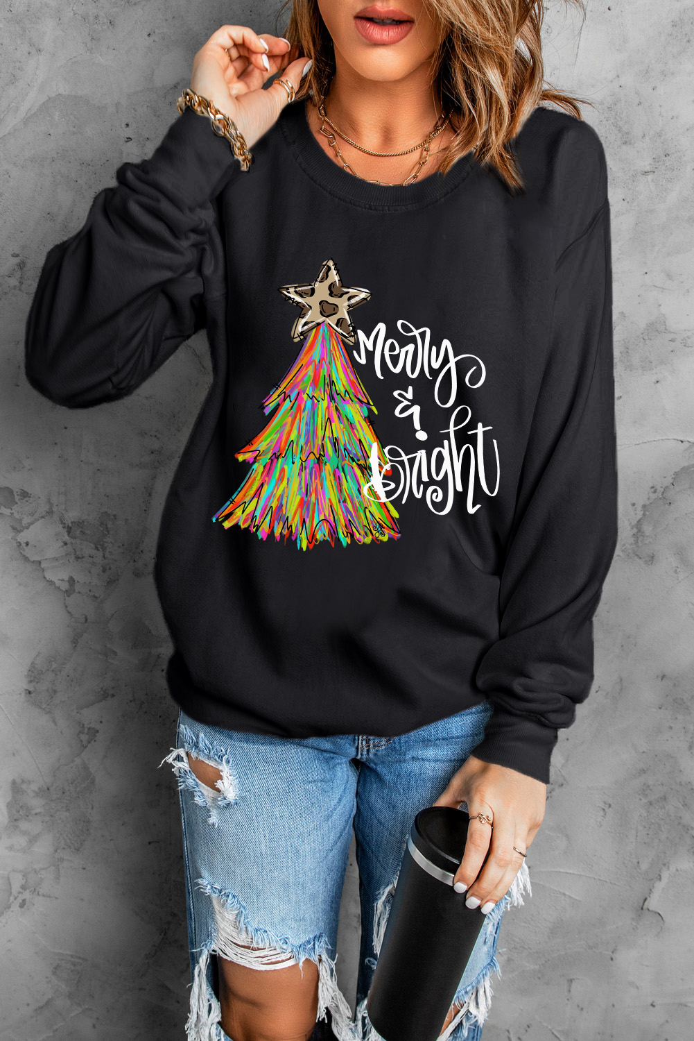 Black Merry & Bright Christmas Tree Graphic Sweatshirt - loveforevers
