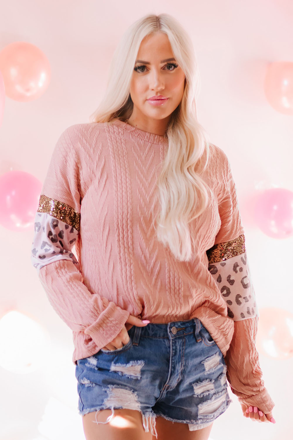 Pink Leopard Sequin Splicing Sleeves Textured Knit Top - loveforevers