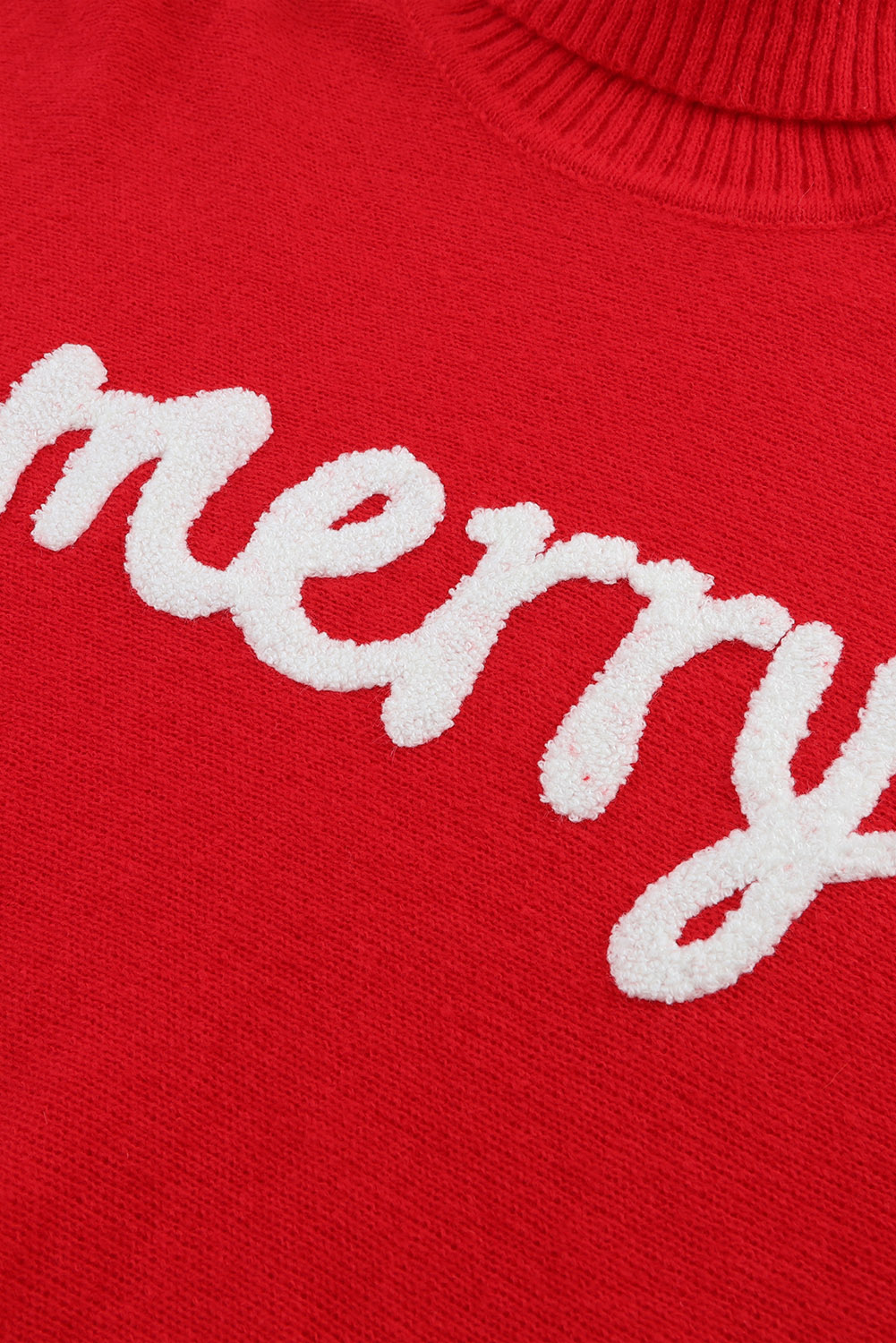 Fiery Red Merry Letter Embroidered High Neck Sweater - loveforevers