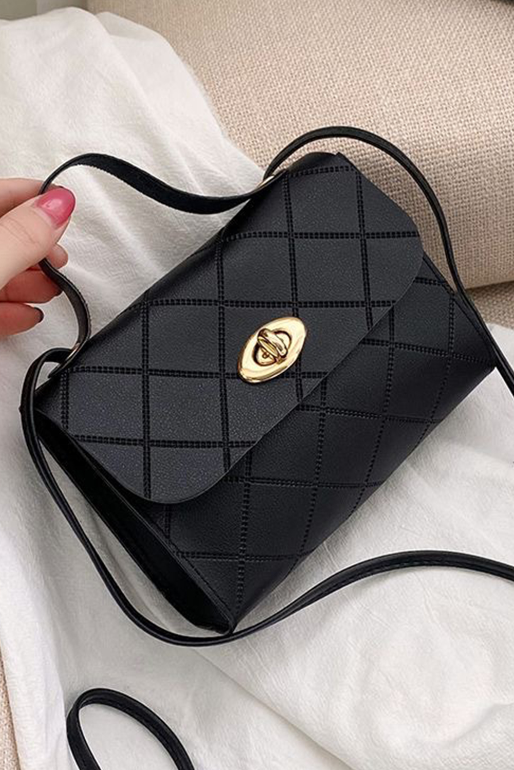 Black PU Leather Diamond Pattern Messenger Bag - loveforevers