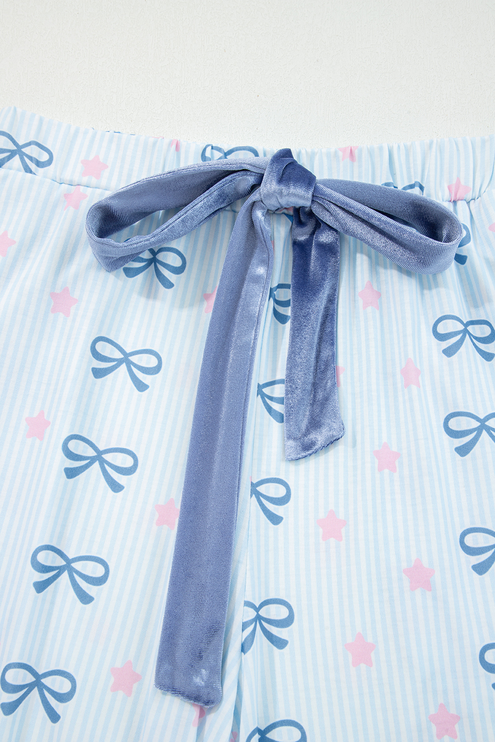 Sky Blue Stripe Bow Star Print Tied Detail 2pcs Lounge Set - loveforevers