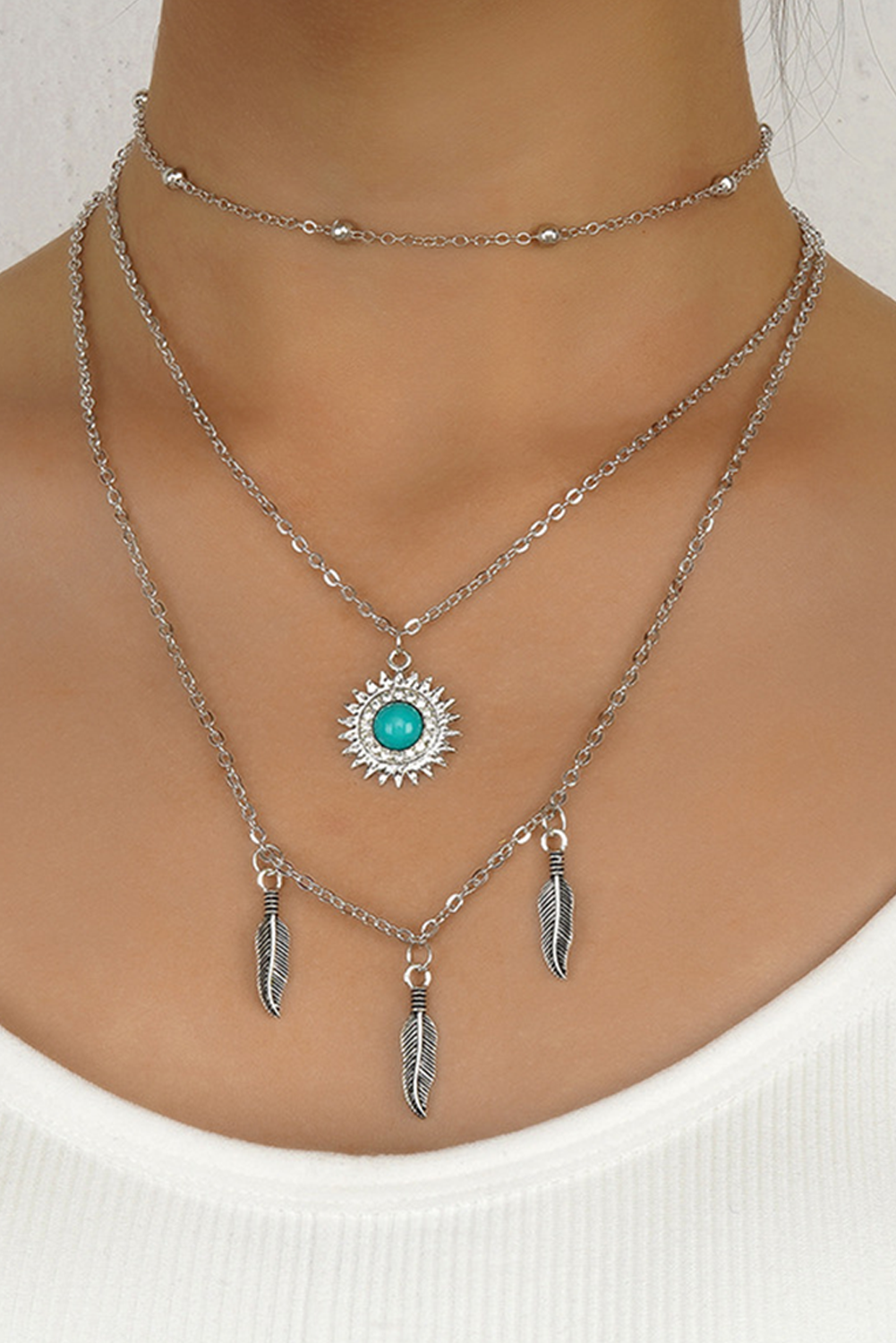 Silvery Boho Turquoise Sun Leaves Multi Layered Necklace - loveforevers