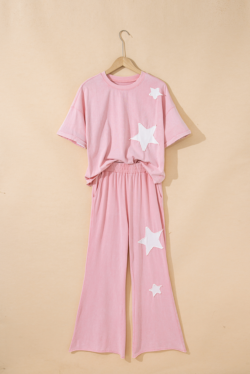 Light Pink Acid Wash Star Patched Rolled Trim Pants Set - loveforevers