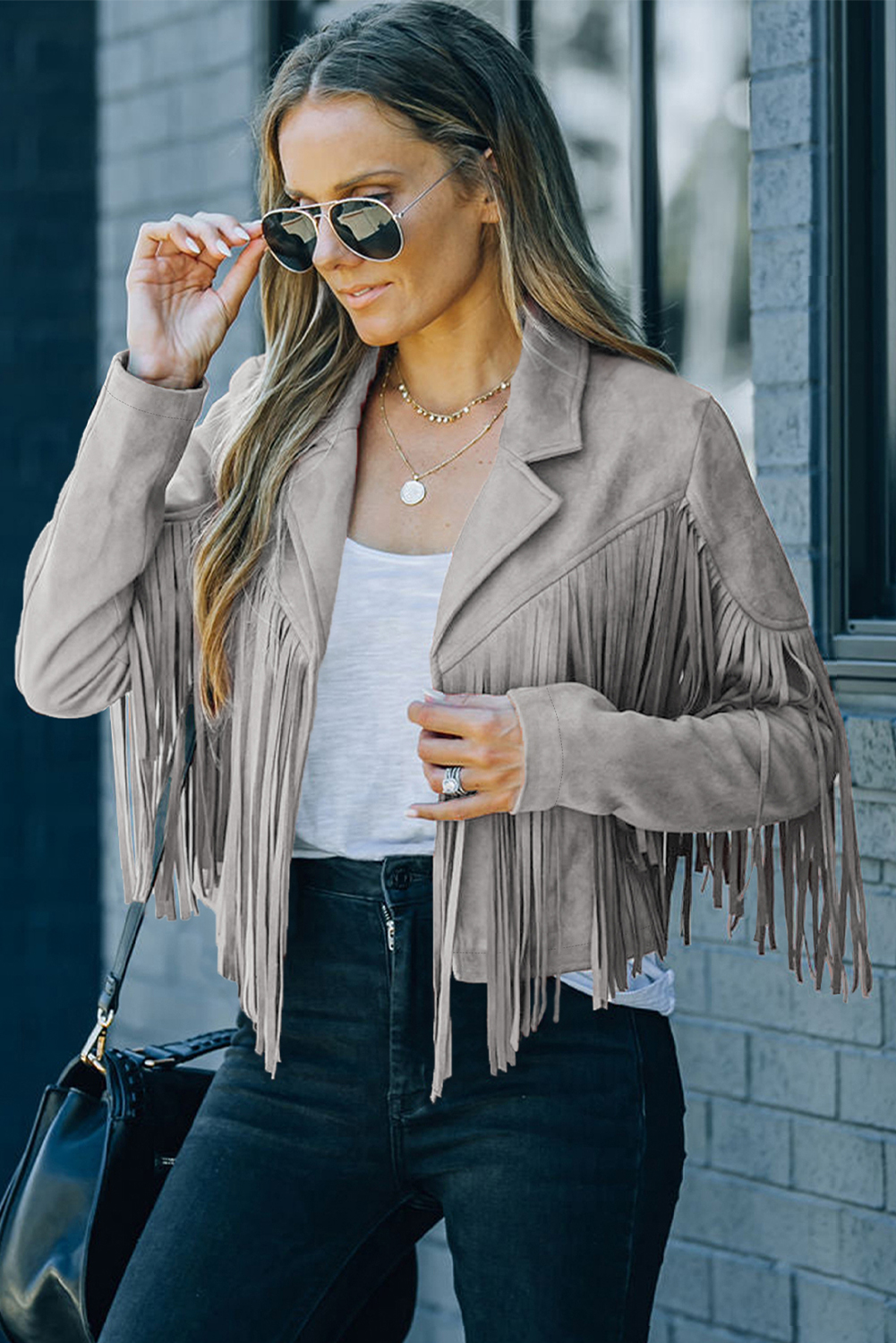 Gray Cropped Fringe Faux Suede Jacket - loveforevers