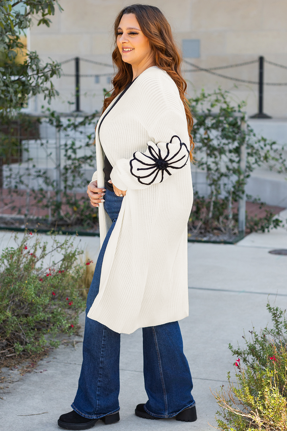 Black Flower Embroidered Drop Shoulder Open Front Duster Cardigan - loveforevers