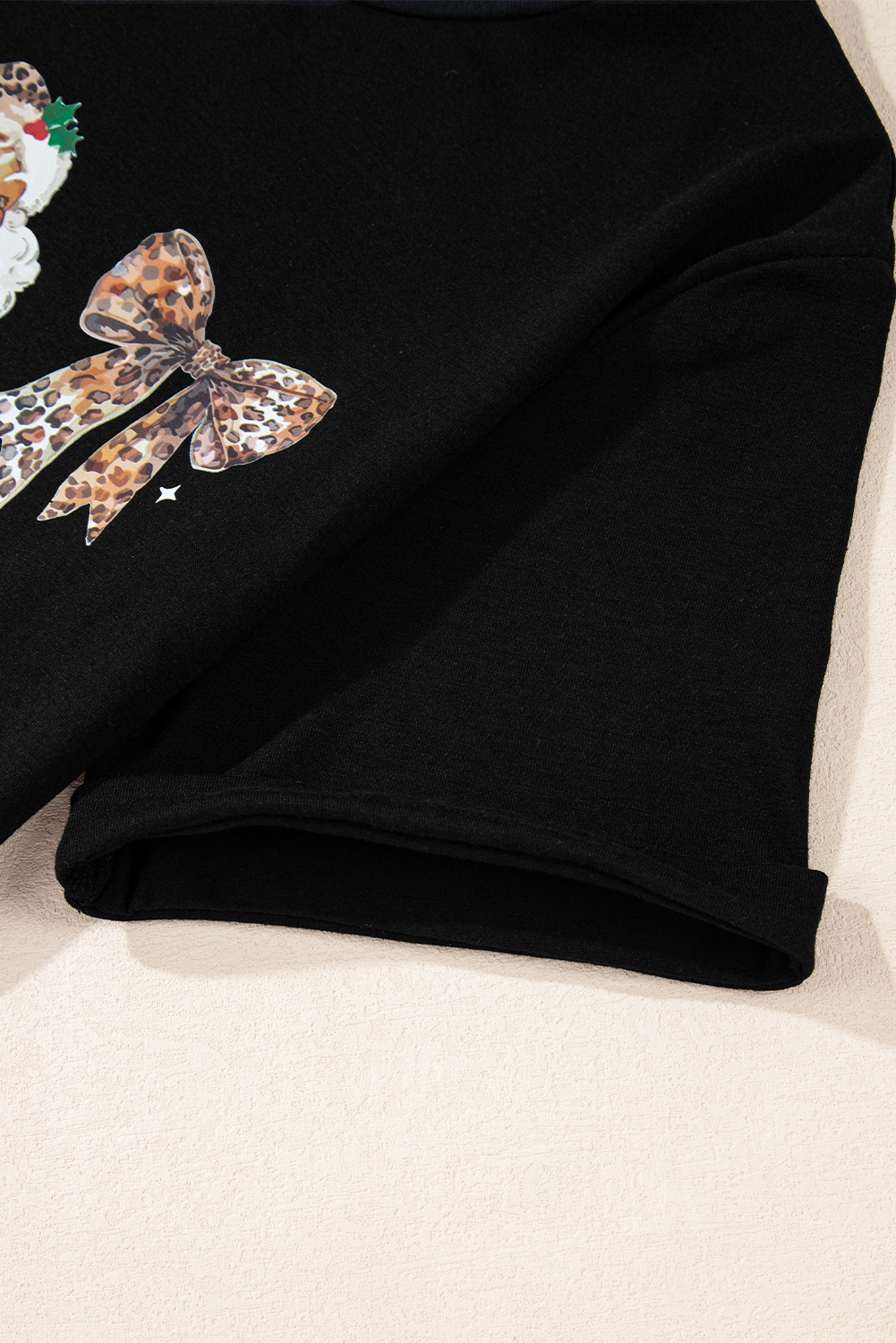 Black Santa Claus Leopard Bow Print Crew Neck Casual T Shirt - loveforevers