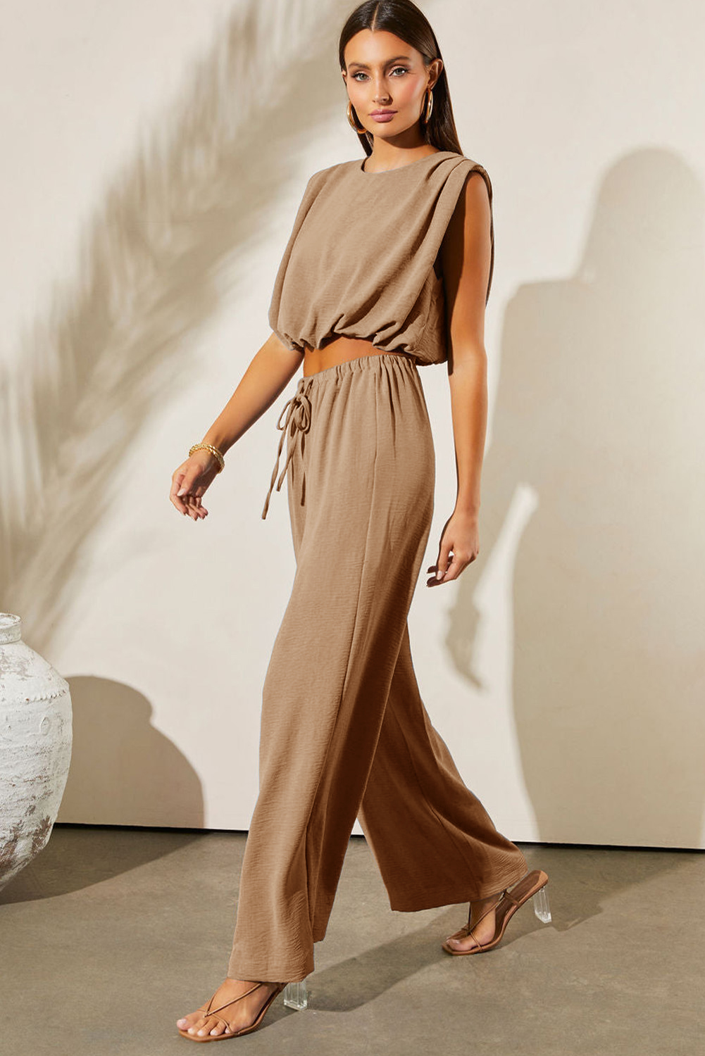 Pale Khaki Solid Color Keyhole Puffy Tank Drawstring Loose Pants 2pcs Outfit - loveforevers