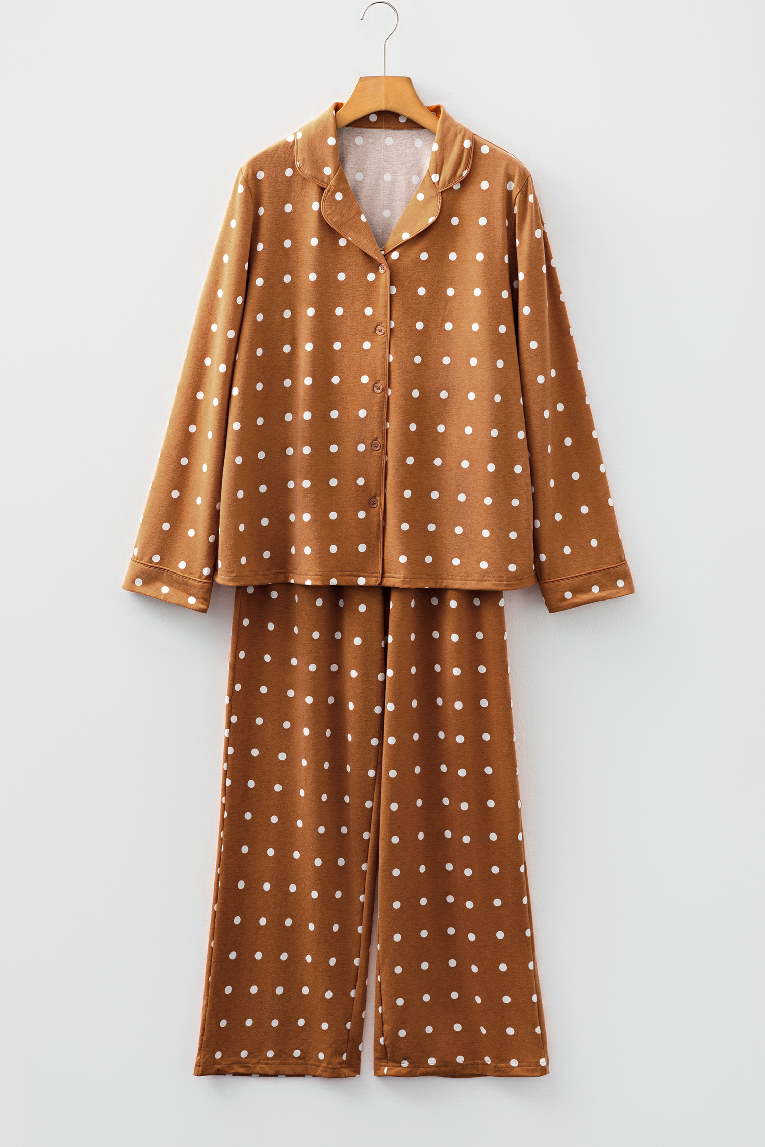 Brown Polka Dot Print Long Sleeve Shirt Pant 2pcs Pajama Set - loveforevers