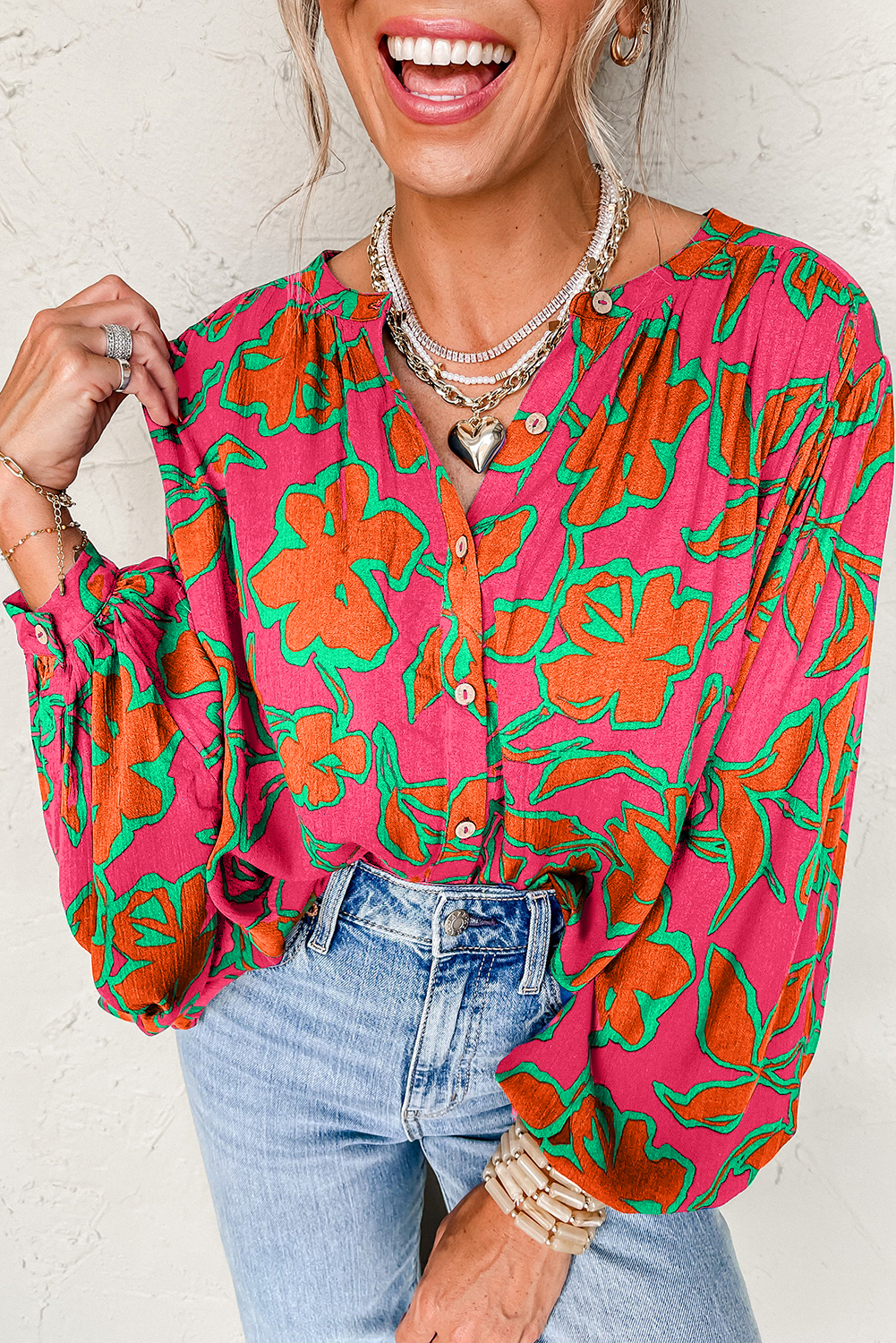 Rose Floral Print Batwing Sleeve Buttoned Loose Fit Shirt - loveforevers