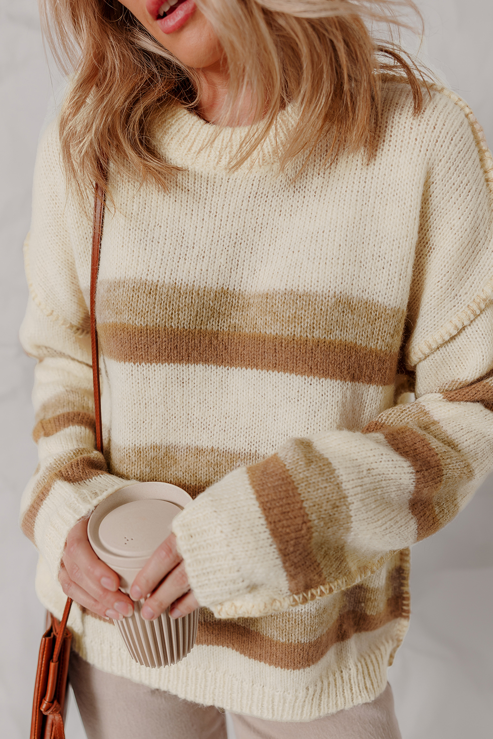 Khaki Stripe Exposed Seam Drop Shoulder Knit Baggy Sweater - loveforevers