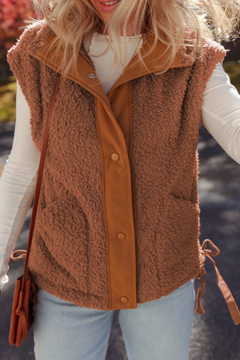 Cinnamon Faux Fur Snap Button Front Knot Side Plush Vest with Pockets - loveforevers