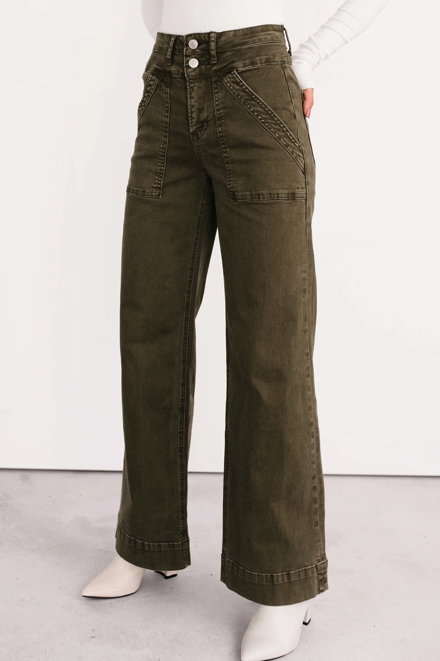 Jungle Green Double Waistband Loose Straight Jeans - loveforevers