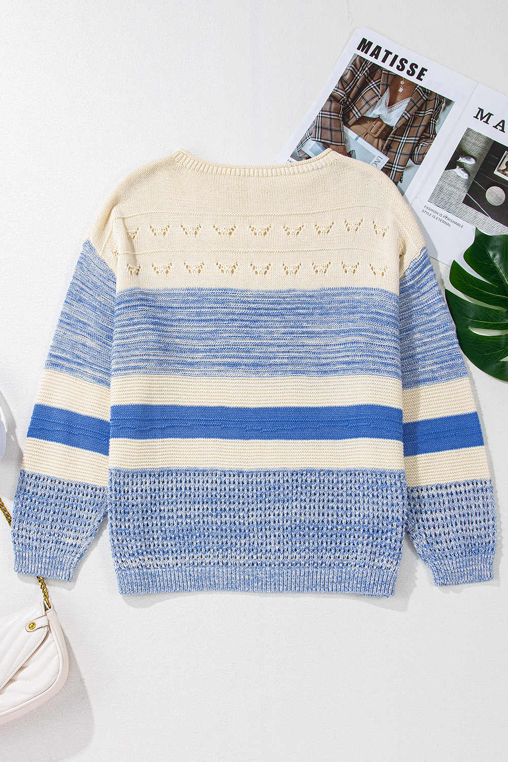 Light Blue Open Stitch Puff Sleeve Sweater - loveforevers