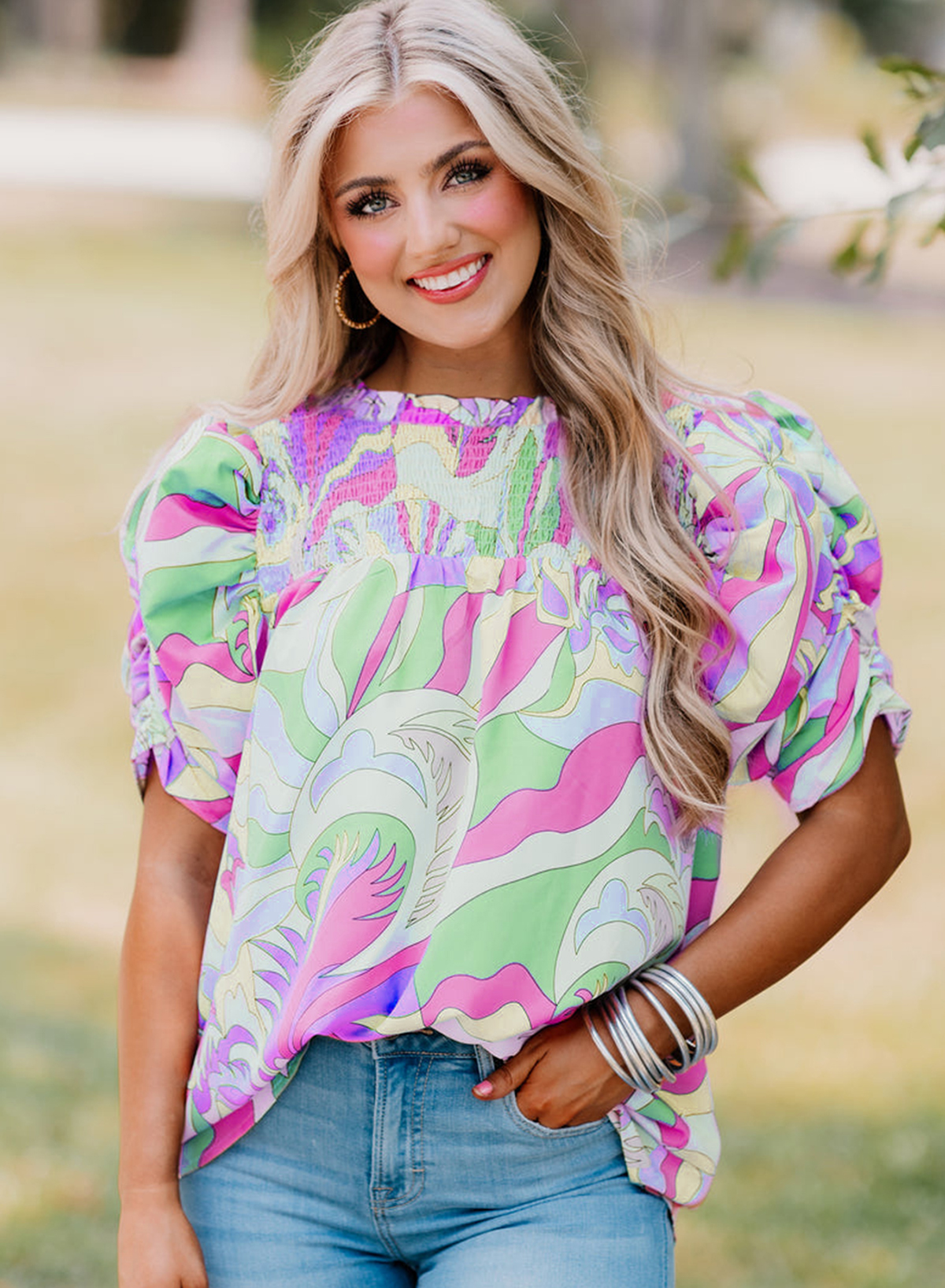 Green Abstract Print Bubble Sleeve Smock Detail Blouse - loveforevers