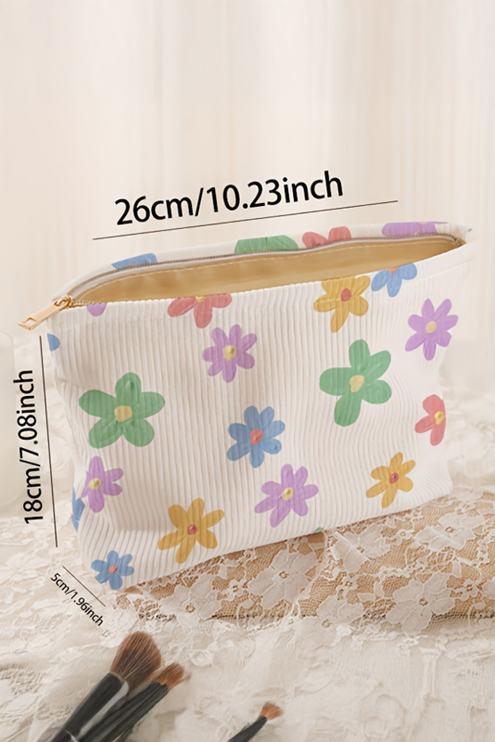 White Flower Print Rib Textured Large Cosmetic Bag - loveforevers