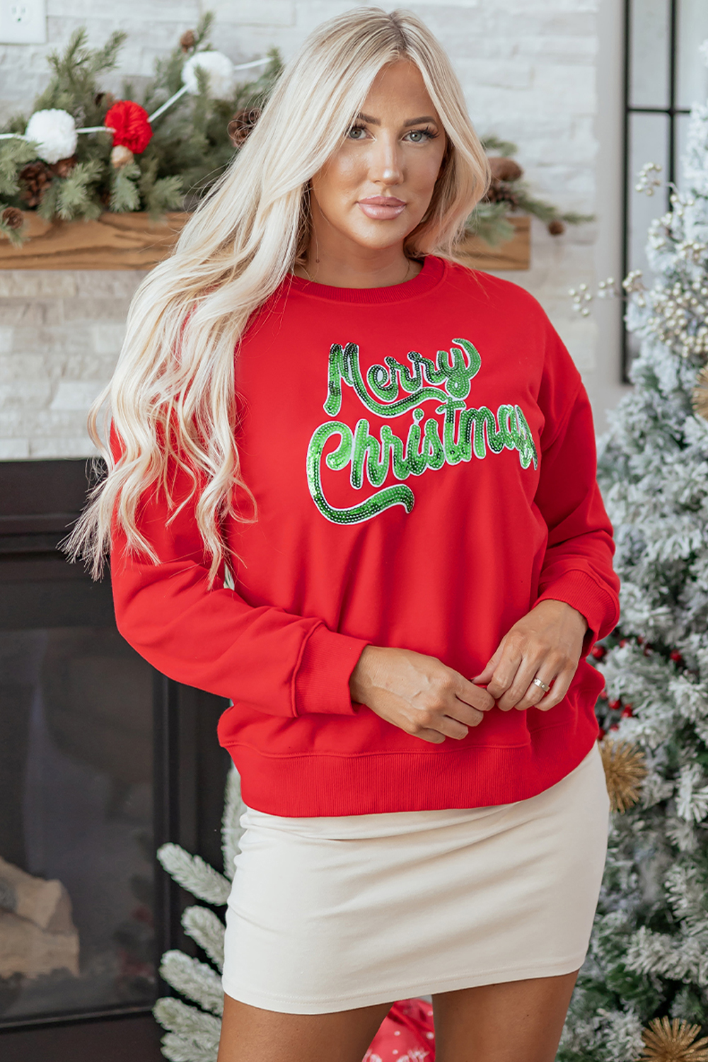 Red Merry Christmas Crewneck Drop Shoulder Loose Sweatshirt - loveforevers