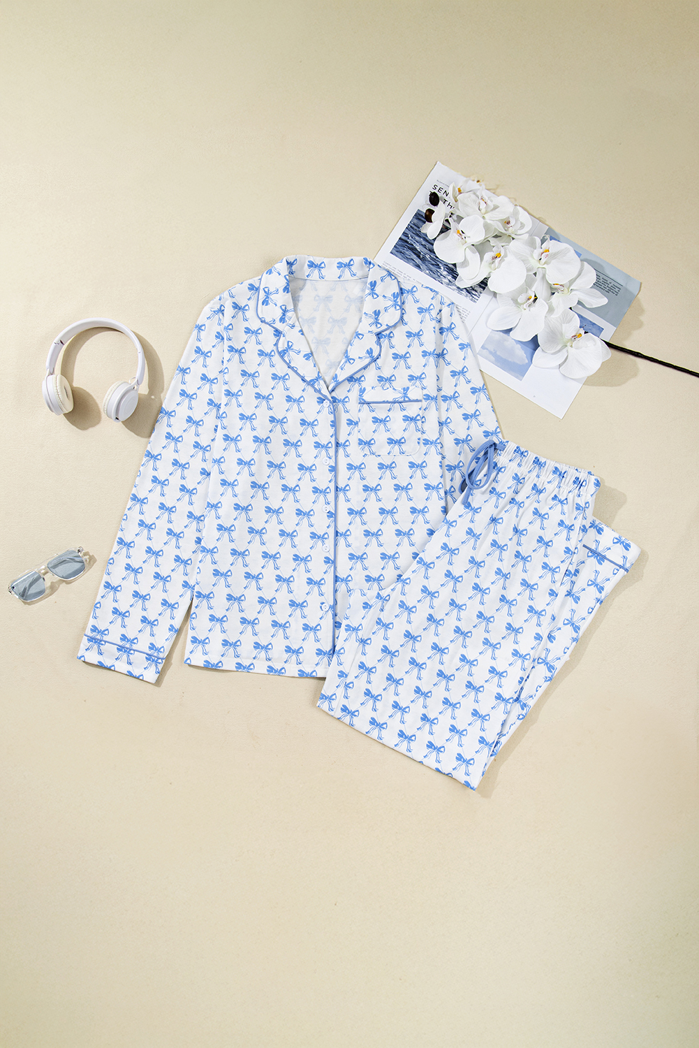 Sky Blue Bow Print Long Sleeve Shirt and Pants Soft Pajama Set - loveforevers