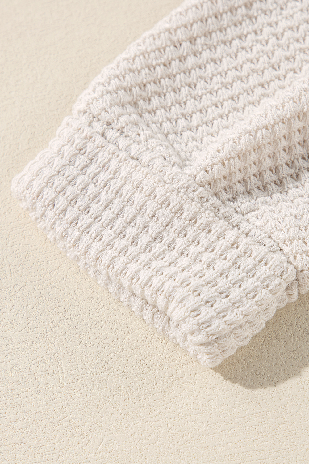 White Waffle Knit Side Slits Loose Fit V Neck Top - loveforevers