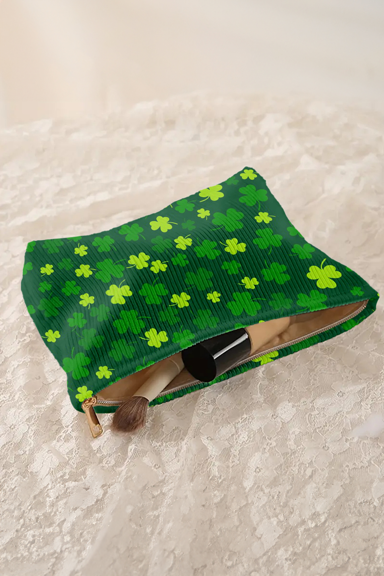 Blackish Green St Patricks Lucky Clover Printed Soft Ribbed Makeup Bag - loveforevers