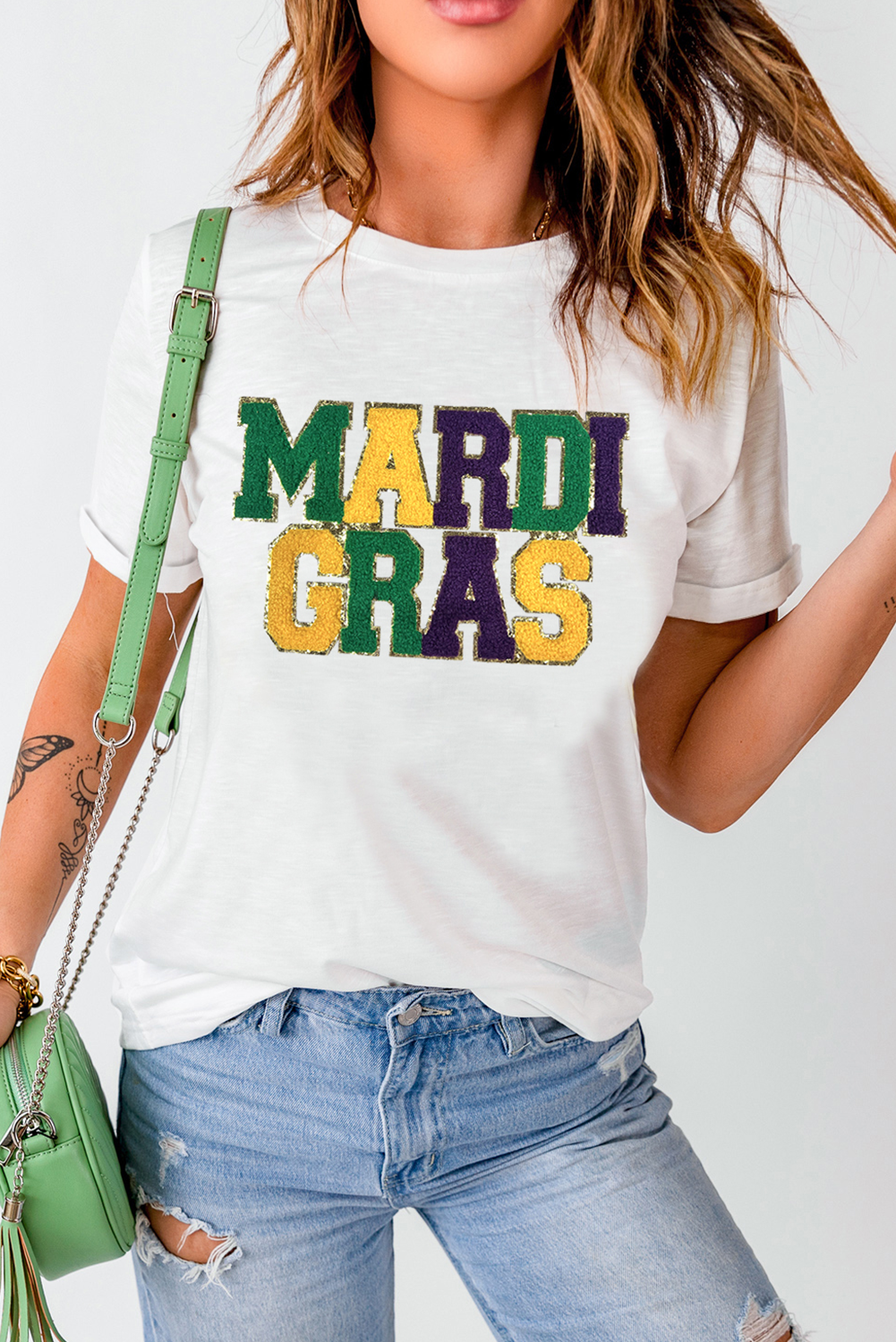 White Chenille MARDI GRAS Patched Graphic T Shirt - loveforevers