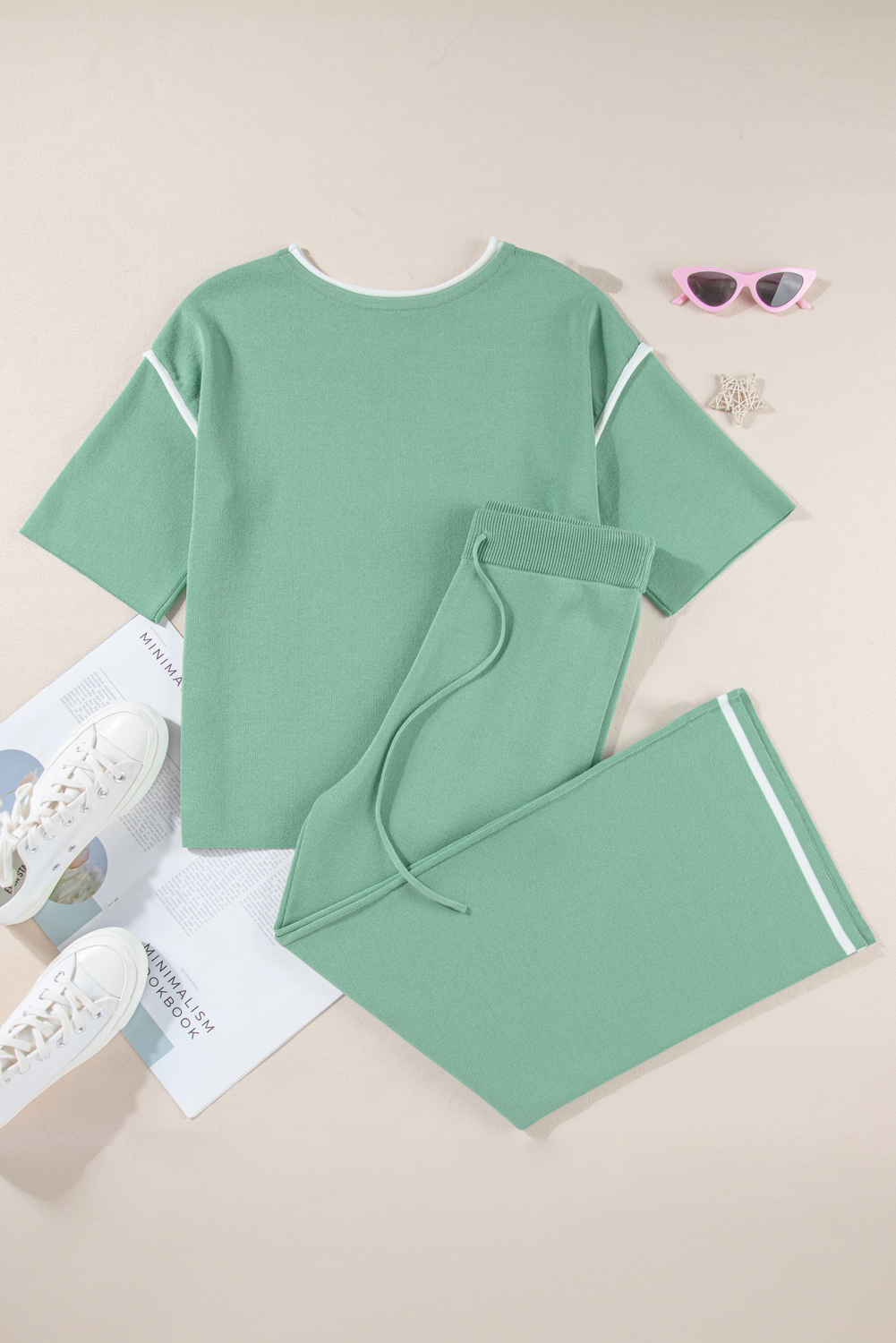 Blackish Green Contrast Trim Half Sleeve Top Drawstring Pants Loose 2pcs Sweater Suit - loveforevers