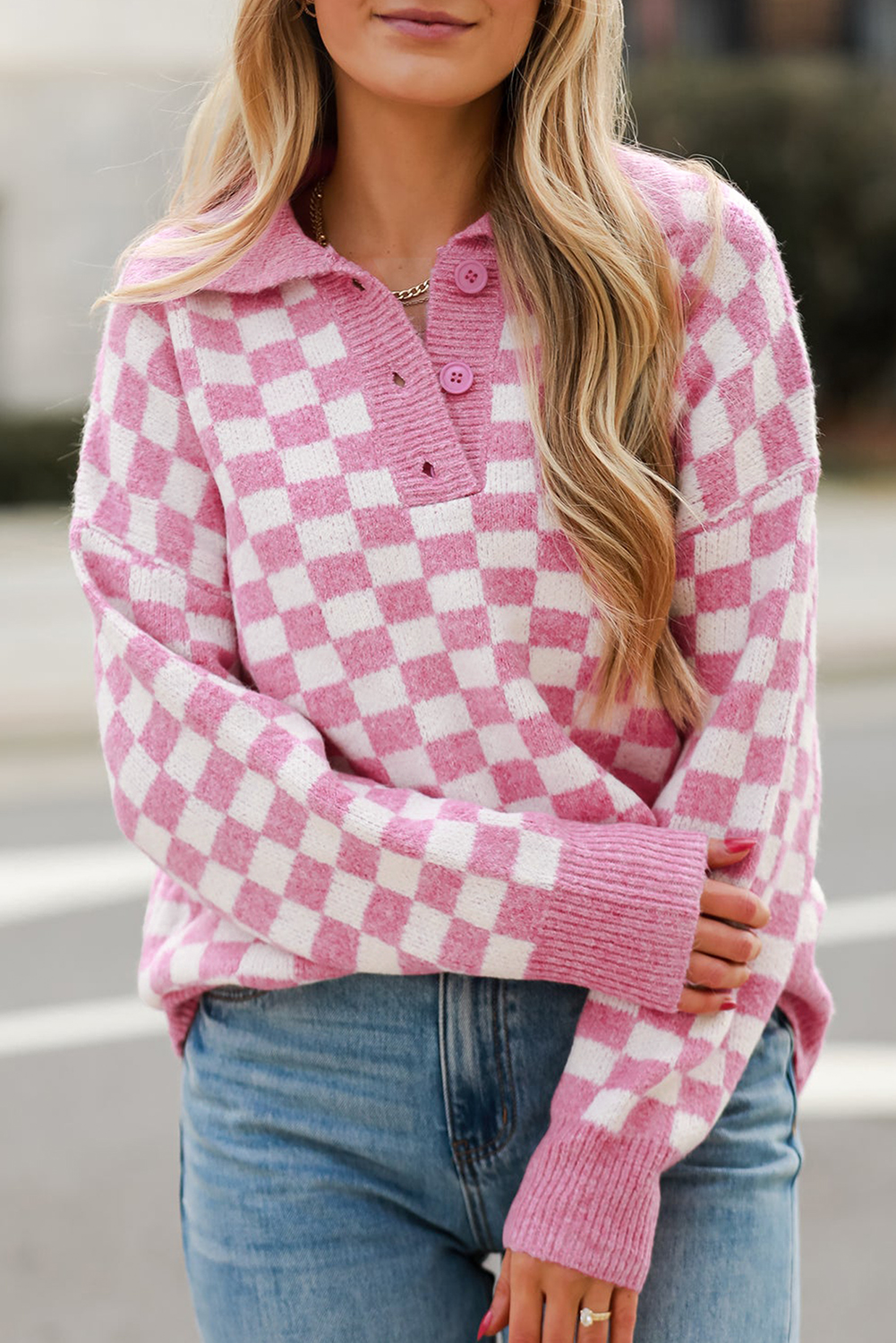 Pink Checkered Buttons Collar V Neck Drop Shoulder Sweater - loveforevers