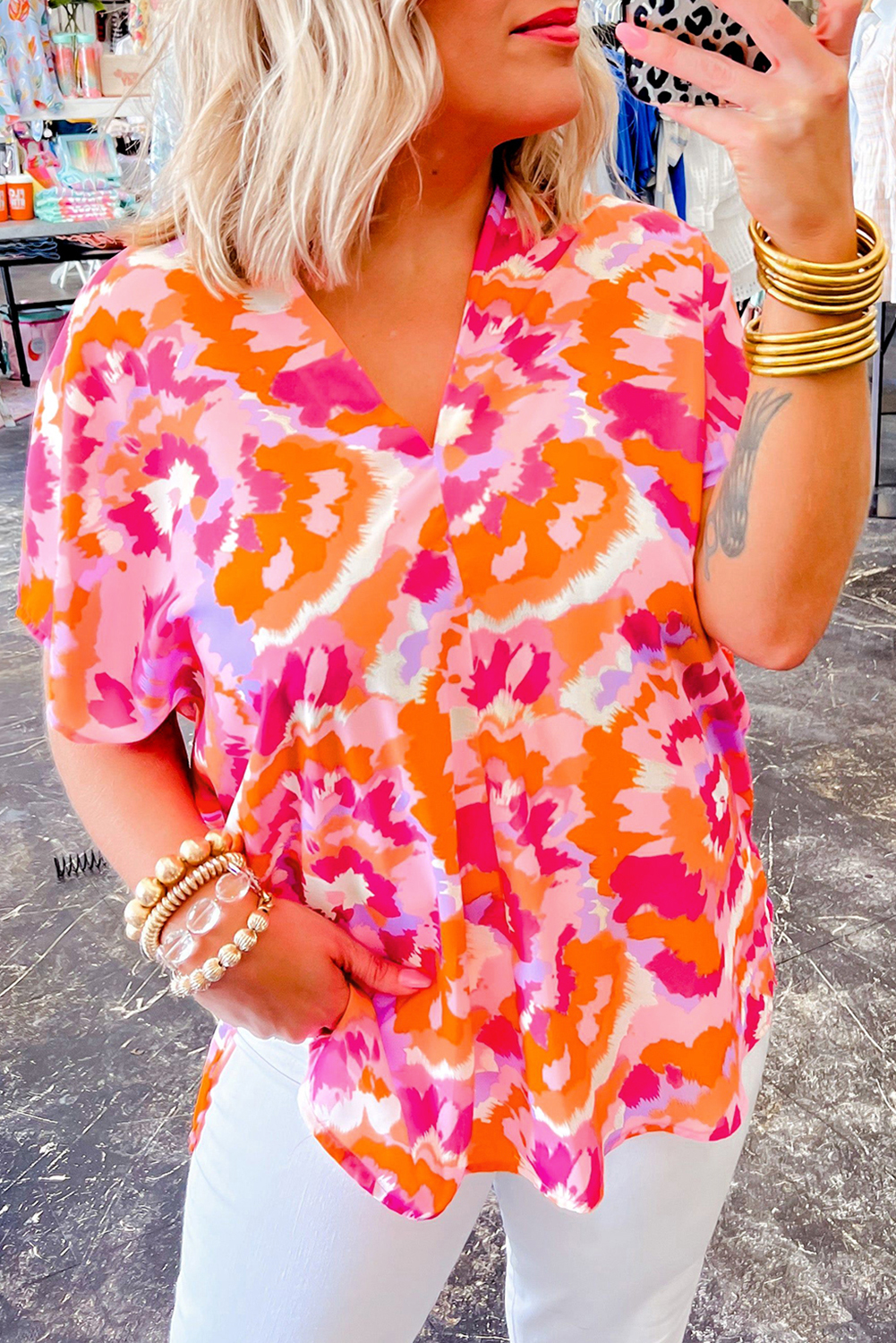 Rose Red Abstract Print V Neck Summer Blouse - loveforevers