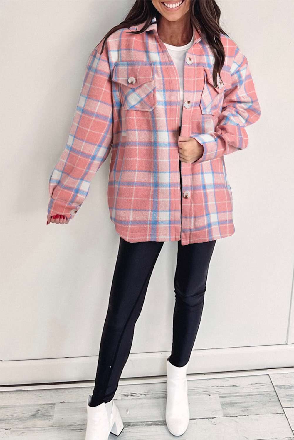 Pink Plaid Flap Pocket Button Up Shacket - loveforevers