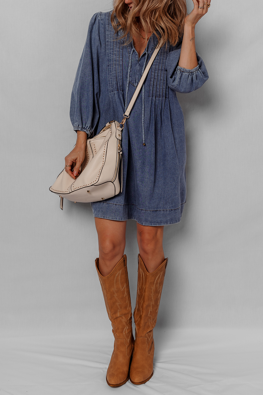 Sail Blue 3/4 Sleeve Tied V Neck Pleated Denim Mini Dress - loveforevers