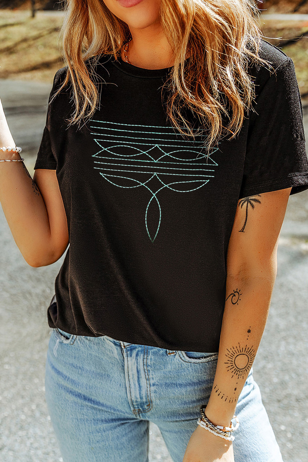 Black Western Fashion Geometric Embroidered T Shirt - loveforevers