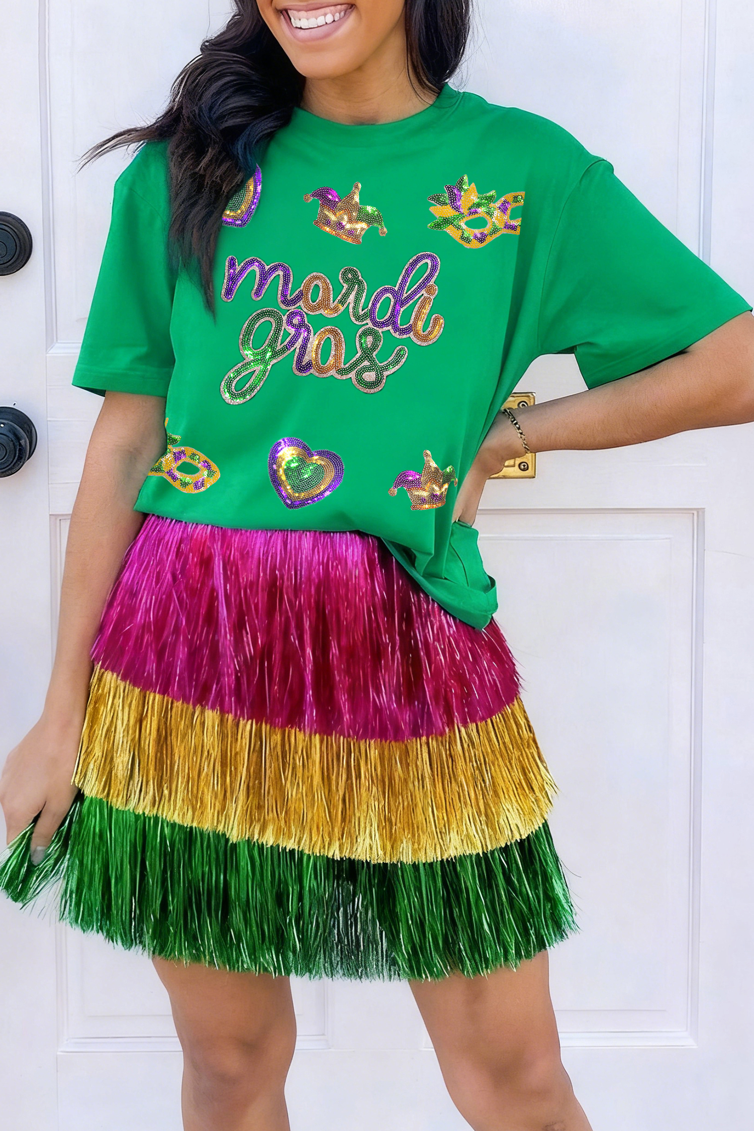 Bright Green Glitter Mardi Gras Mask Graphic T Shirt - loveforevers