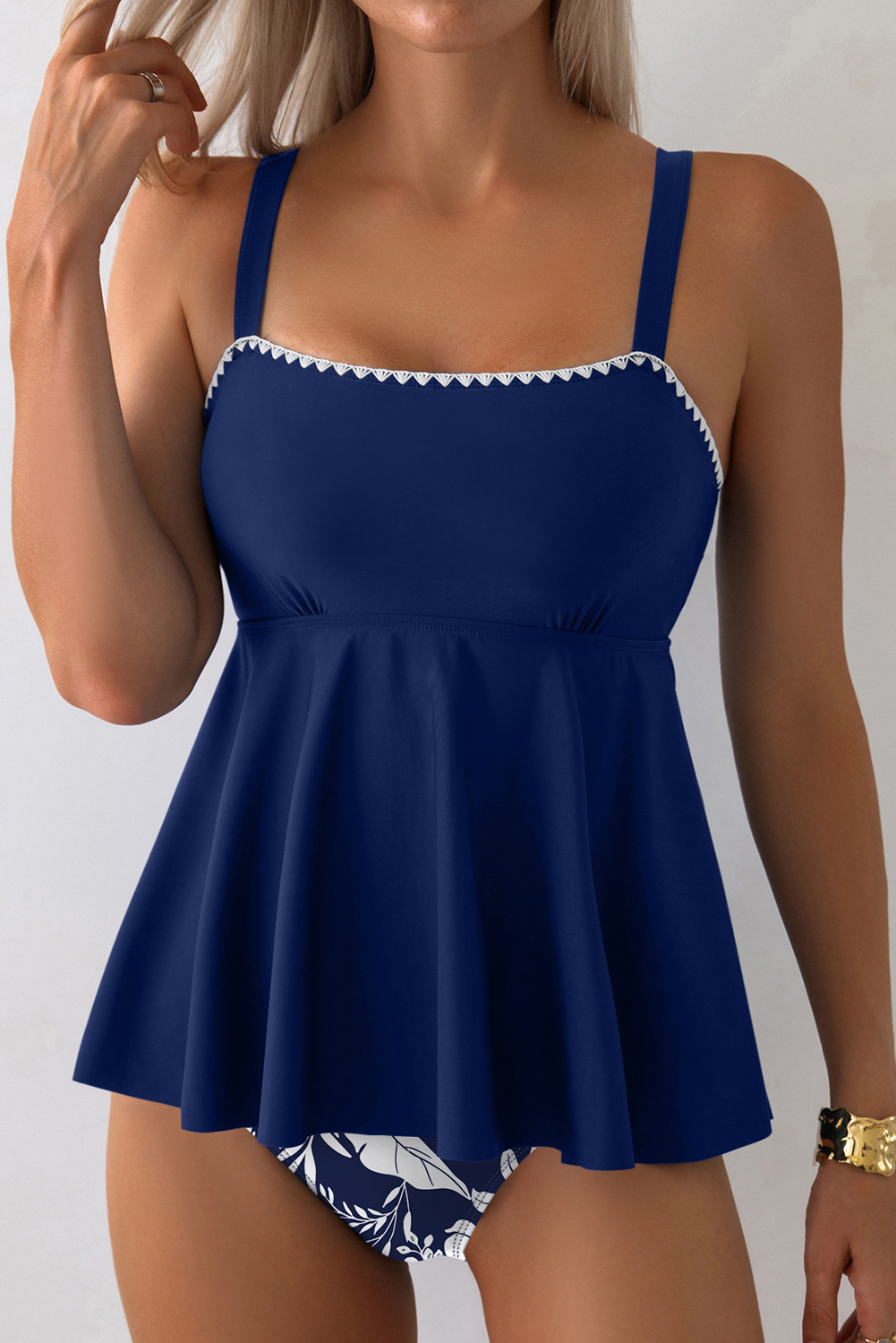 Black Spaghetti Straps Contrasted Ricrac Trim Flared Tankini 2pcs Swimsuit - loveforevers