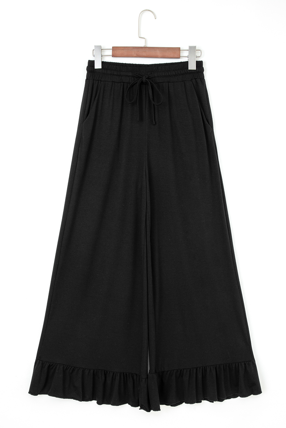Black Ruffled Wide Leg Pull On High Waist Pants with Pockets - loveforevers