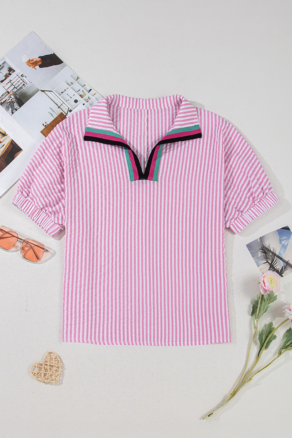 Sachet Pink Striped Print Contrast Split Neck Dolman Sleeve Blouse - loveforevers