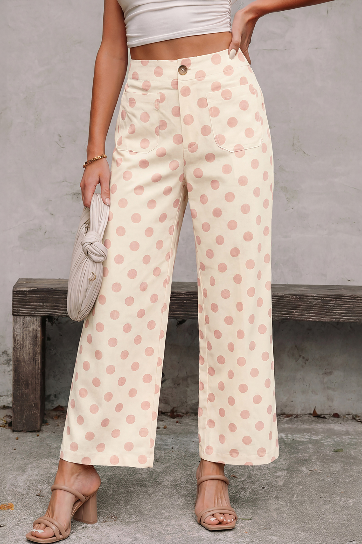 White Polka Dot Print Patched Pocket Loose Pants - loveforevers