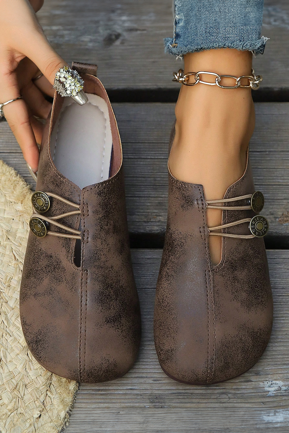 Coffee JEANS Button Detail Boho Vintage Faux Leather Loafer Shoes - loveforevers