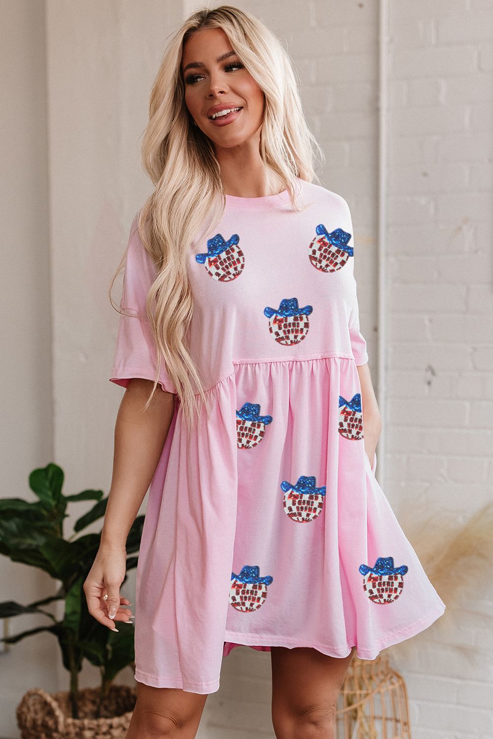 Light Pink American Flag Inspired Sequin Disco Ball Patched Shift Mini Dress - loveforevers