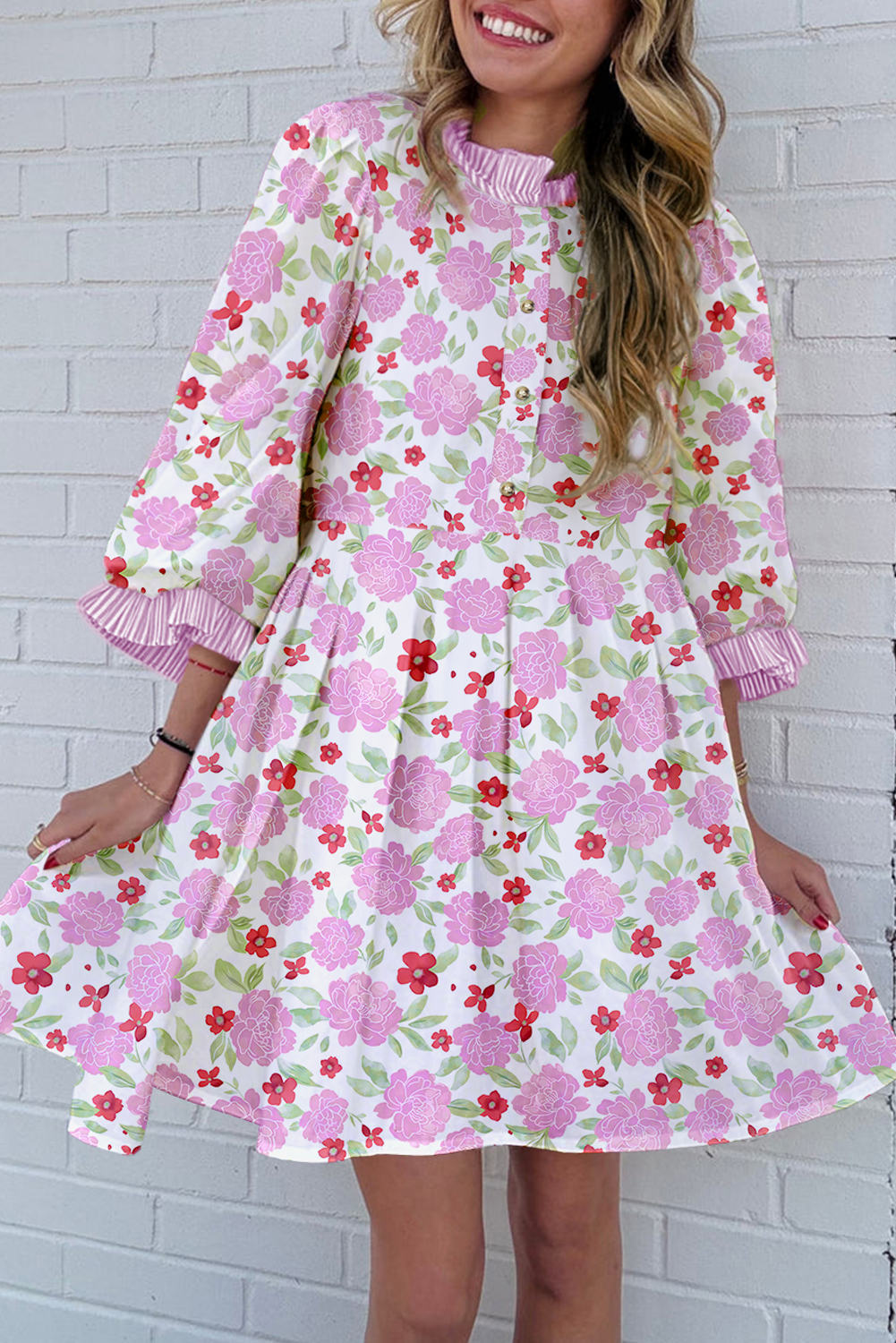 Pink Floral Print Striped Trim Frilled Neck 3/4 Sleeve Flared Mini Dress - loveforevers