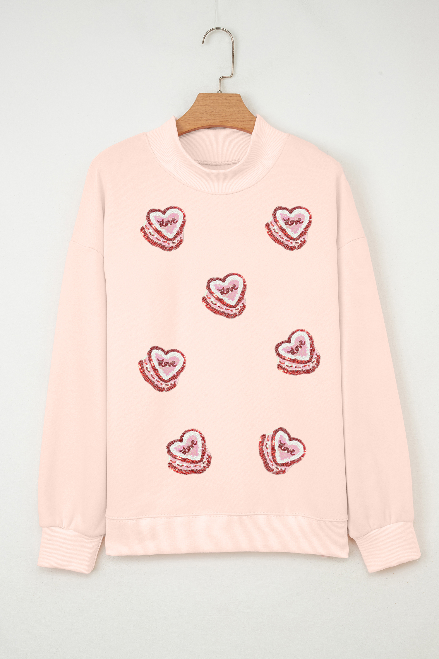 Apricot Pink Sequin Heart Patched Love Cake Mock Neck Sweatshirt - loveforevers