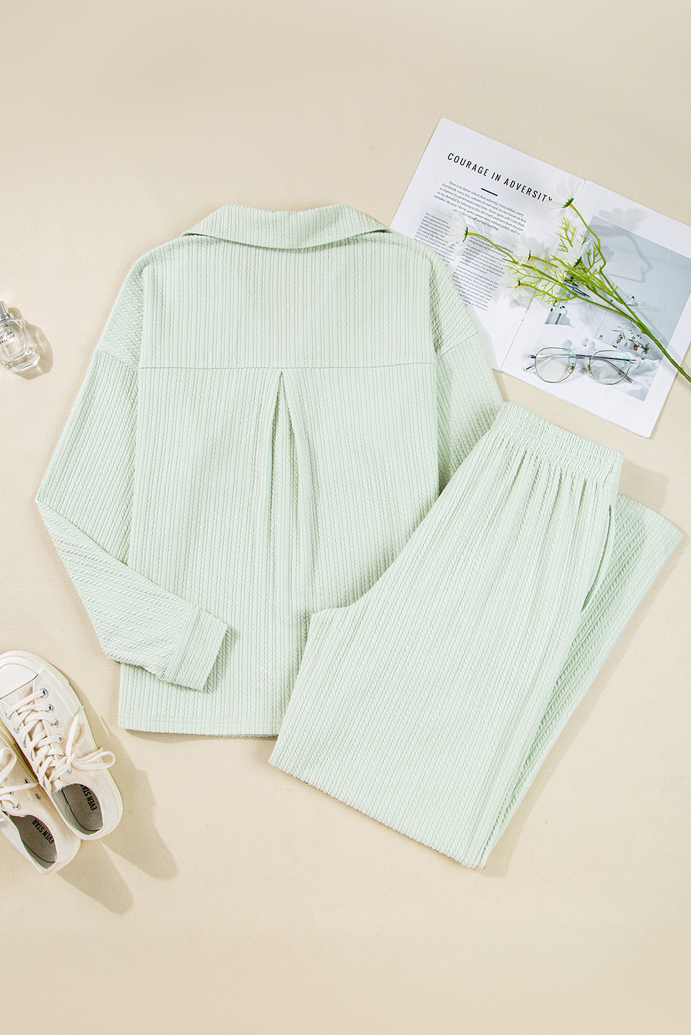Clearly Aqua Textured Patched Chest Pocket Shirt and Pants Set - loveforevers