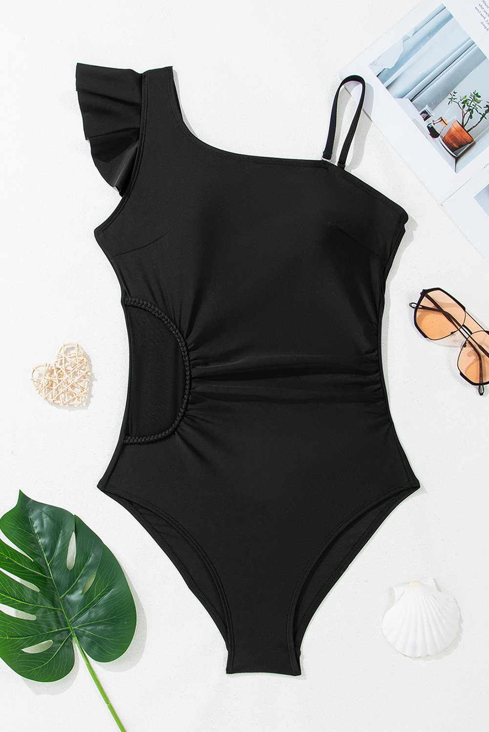 Black Asymmetric Ruffle Shoulder Pleated One Piece Swimsuit - loveforevers