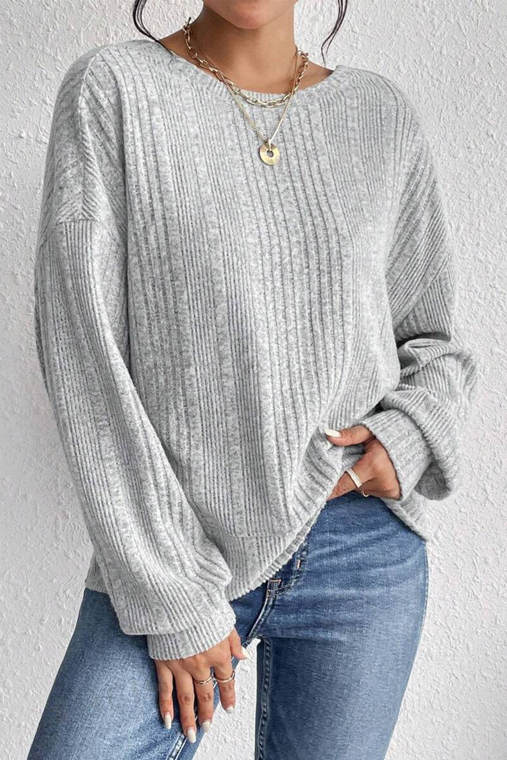 Light Grey Textured Crossover Backless Knit Long Sleeve Top - loveforevers