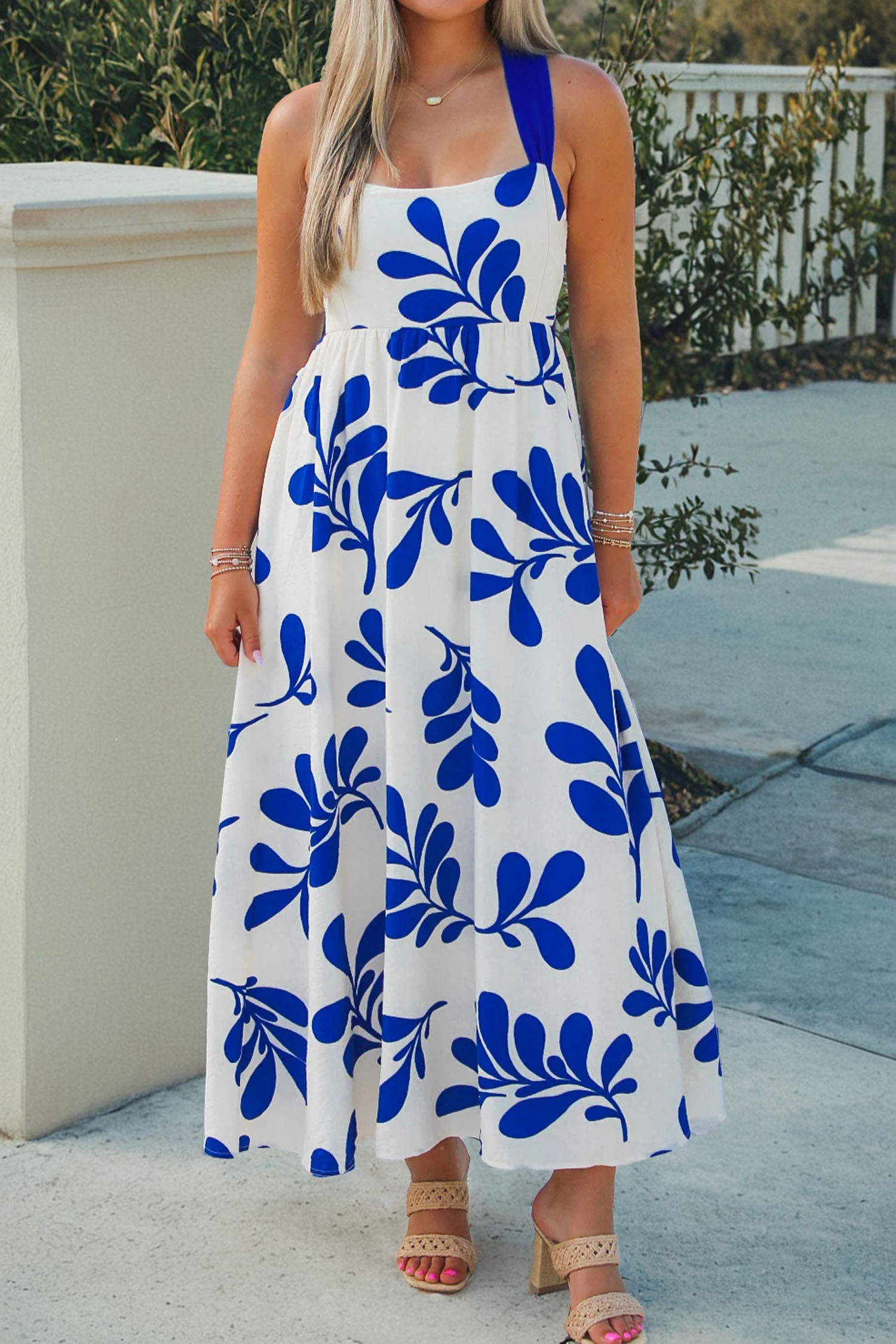 Blue Floral Print Crisscross Tie Back Sleeveless Long Dress - loveforevers